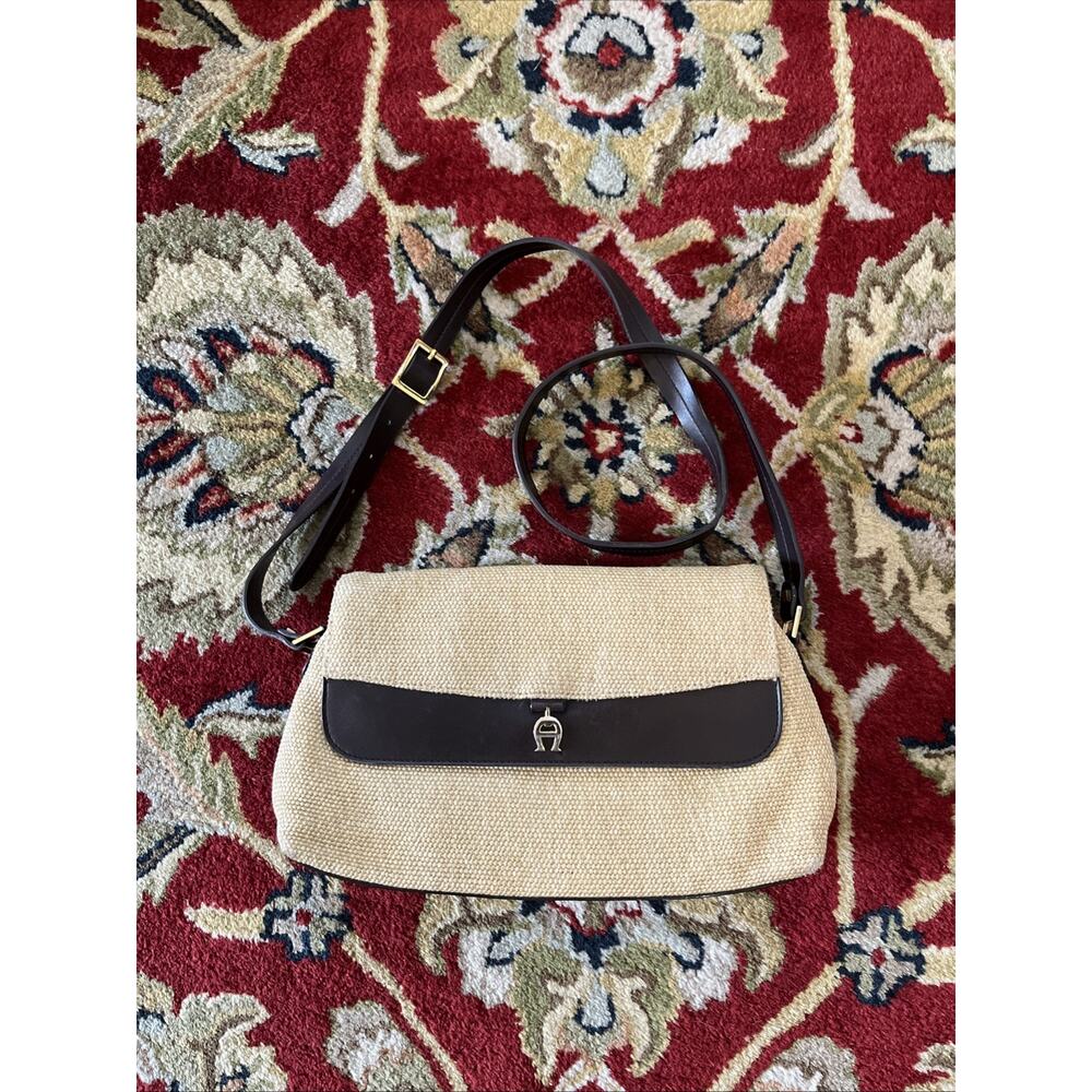 Vtg Etienne Aigner Woven Straw Jute & Leather Handbag Purse Brown Shoulder Bag